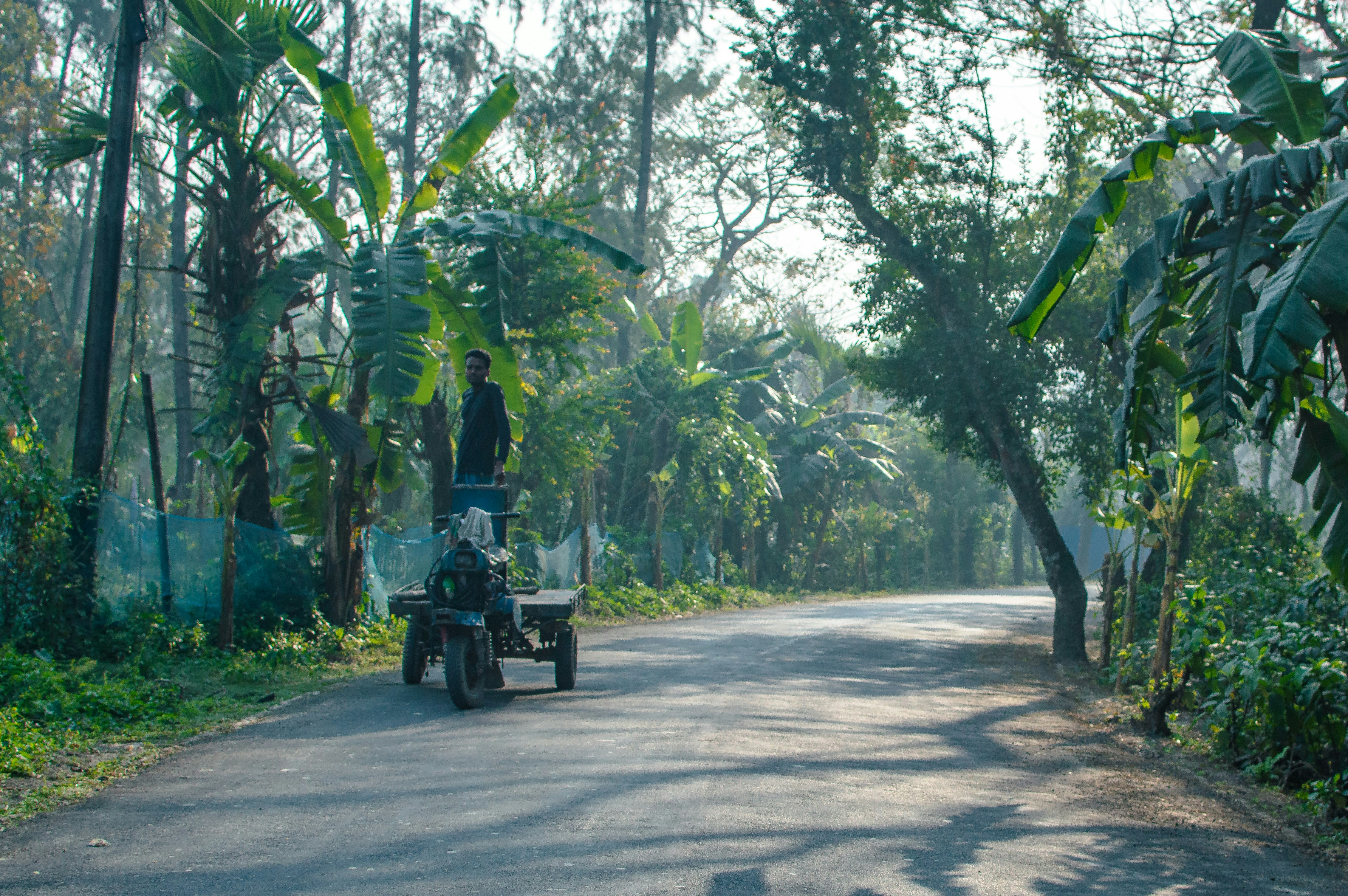 a man riding a motorcycle down a road surrounded by trees
