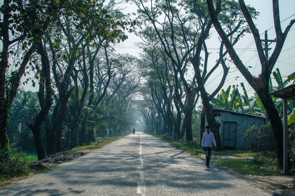 a woman is walking down a tree lined road