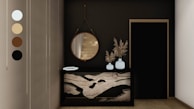 A vibrant entryway featuring a decorative console table and mirror.