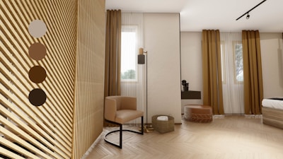 Warm beige and muted sage interiors with wood accents in a Pitlochry apartment.