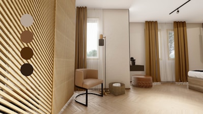 A stylish wooden room divider in a modern living space.