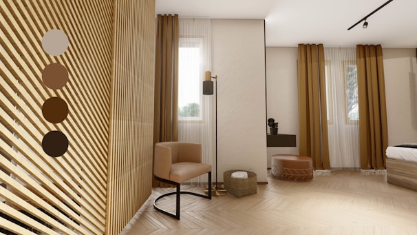 Calm living space featuring neutral tones and natural materials.