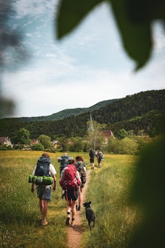 A group of hikers with backpacks walks along a narrow path through a grassy field. A small black dog accompanies them. The field is surrounded by lush greenery and trees, with distant hills and a cloudy sky above. In the background, there are few houses at the edge of a forest.