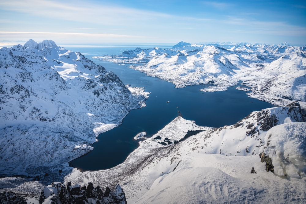 a snowy mountain range with a lake in the middle