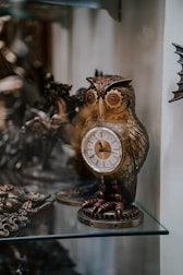 an owl figurine sitting on top of a glass shelf