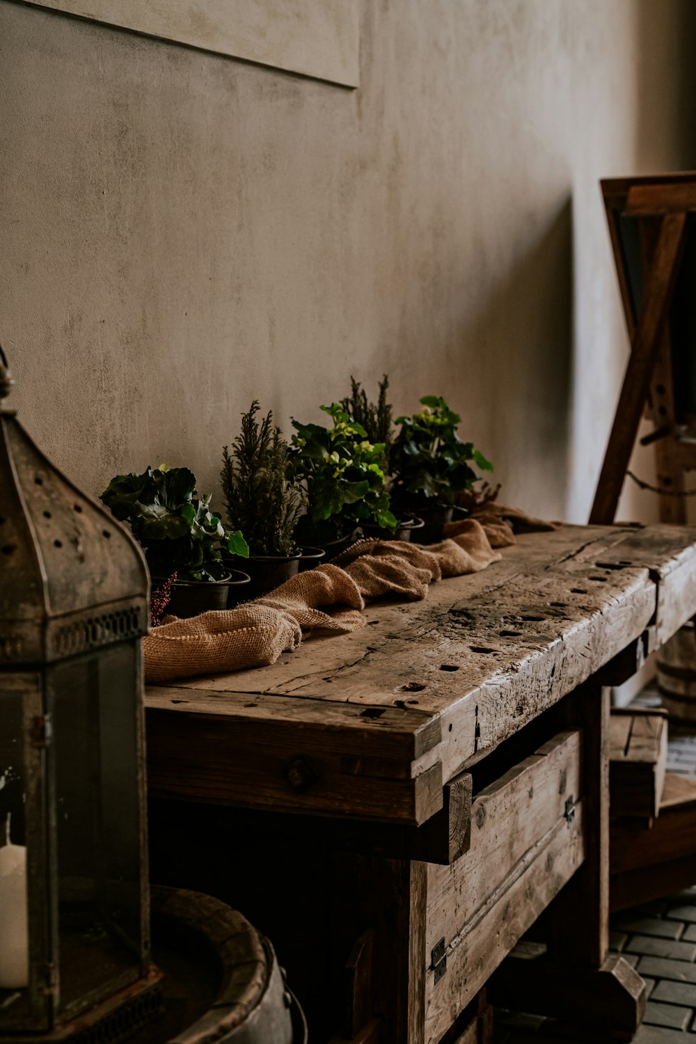 a wooden table topped with lots of plants