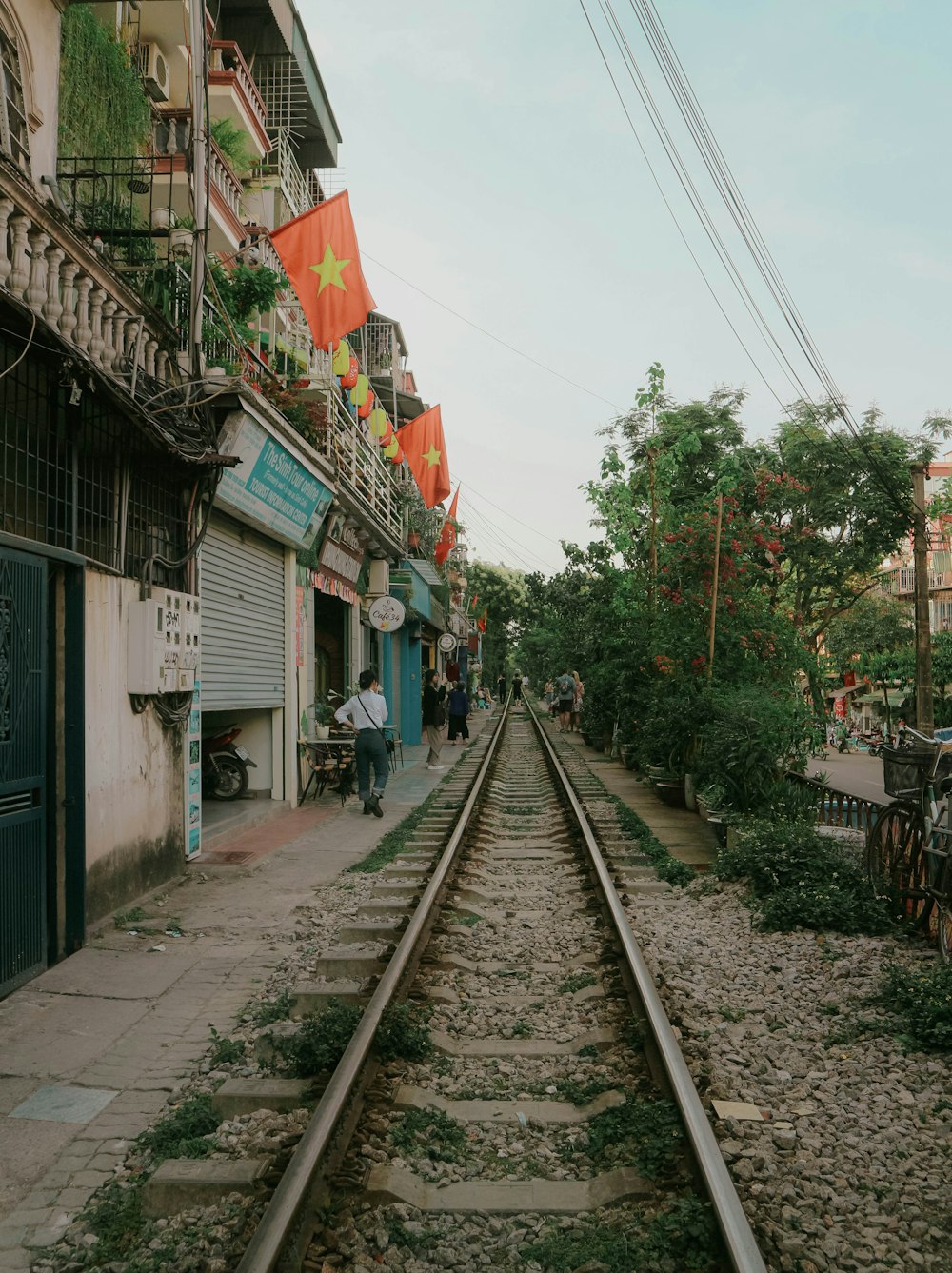 a train track running through a small town