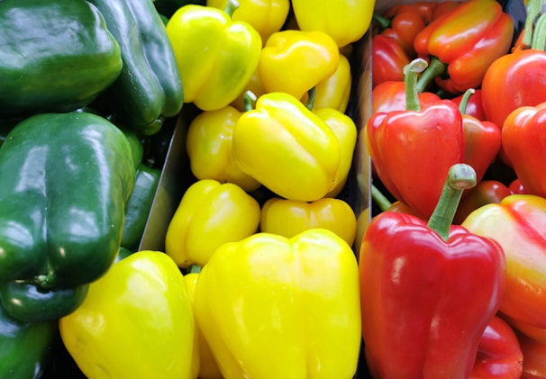 Vibrant assortment of colorful bell peppers arranged on a rustic table