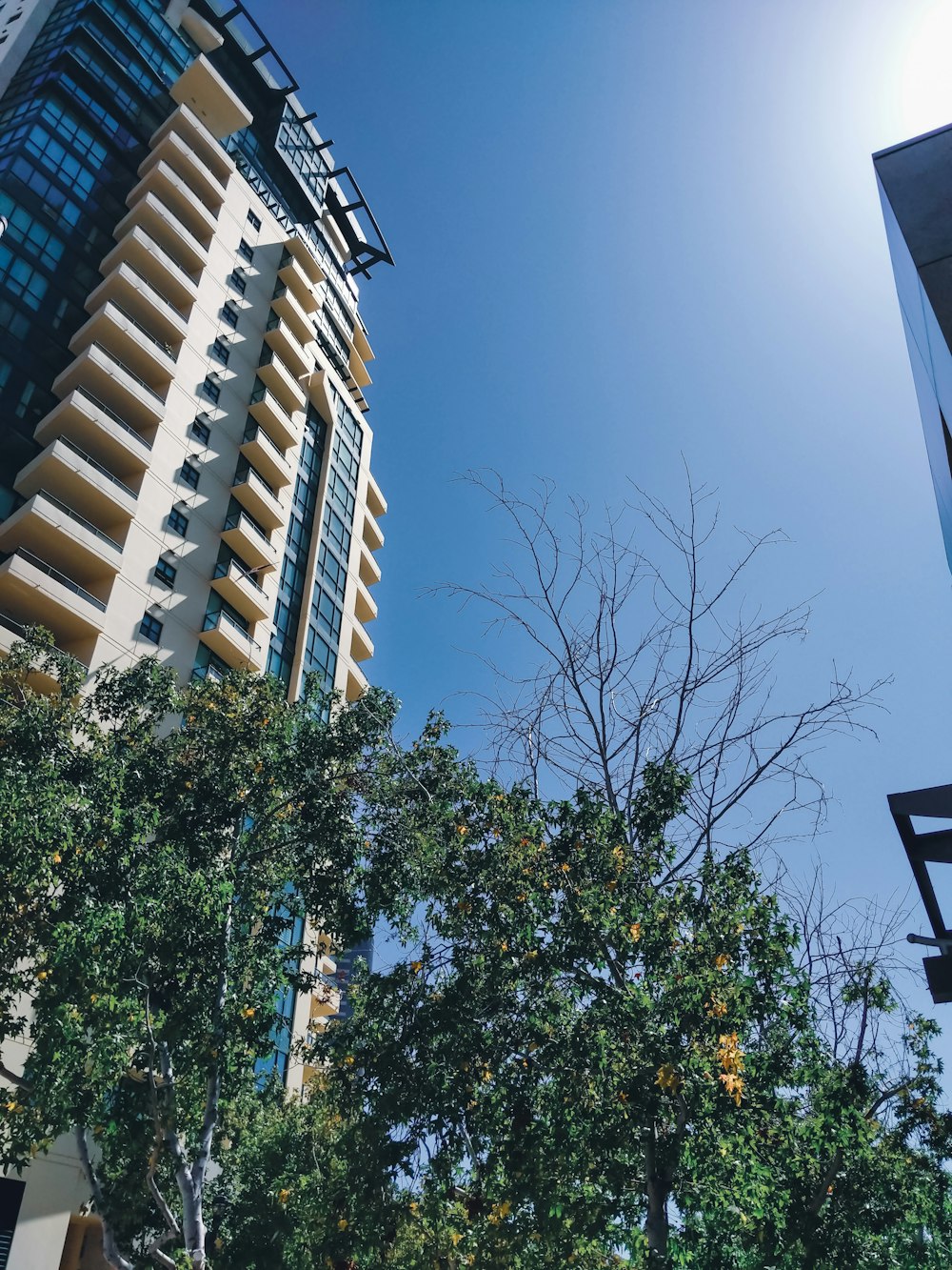 a very tall building next to some trees