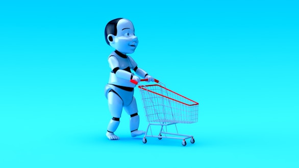 A humanoid robot with exaggerated features is pushing a small shopping cart against a bright blue background. The robot has a shiny, metallic finish with black and white segments, and the shopping cart has a red handle and frame.