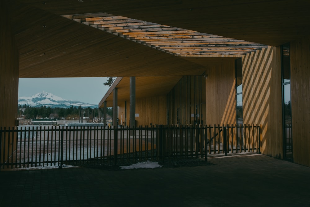 a view of a building with a mountain in the background