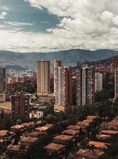 a view of a city with mountains in the background