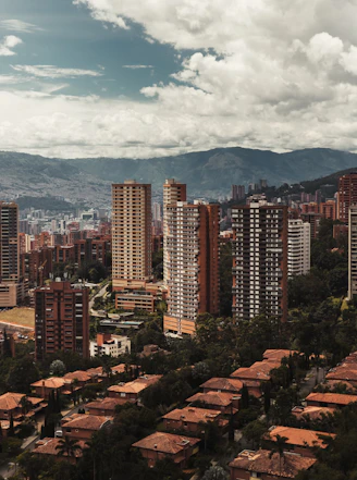 a view of a city with mountains in the background