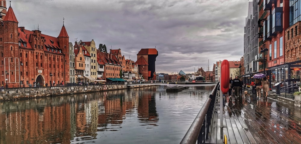 a river running through a city next to tall buildings