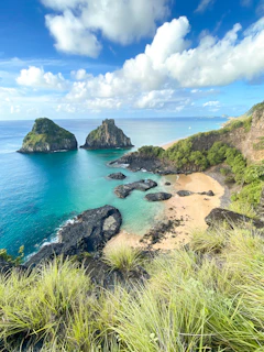 a beach with a few rocks in the water
