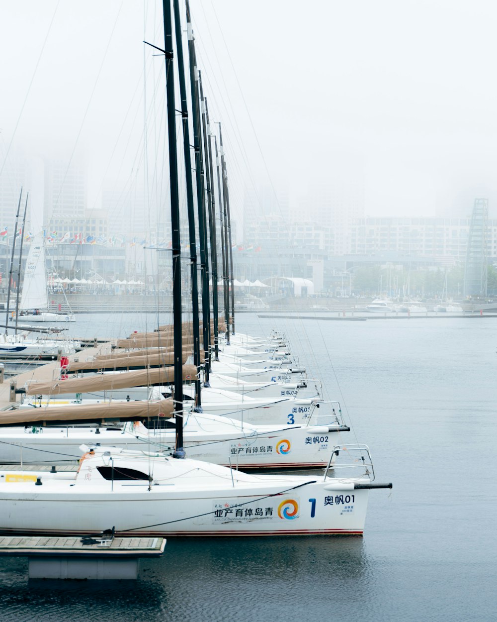 a row of sailboats in a harbor on a foggy day