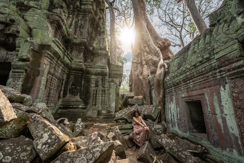 a woman sitting on a rock in front of a tree