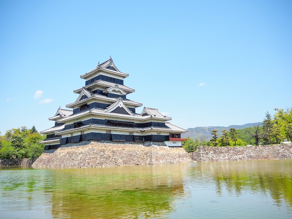 a tall building sitting on top of a lake