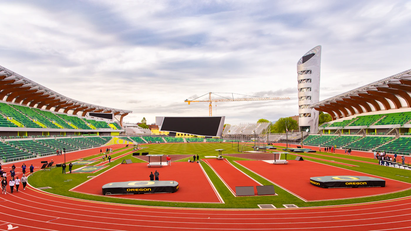 Hayward Field's track and stands in Eugene