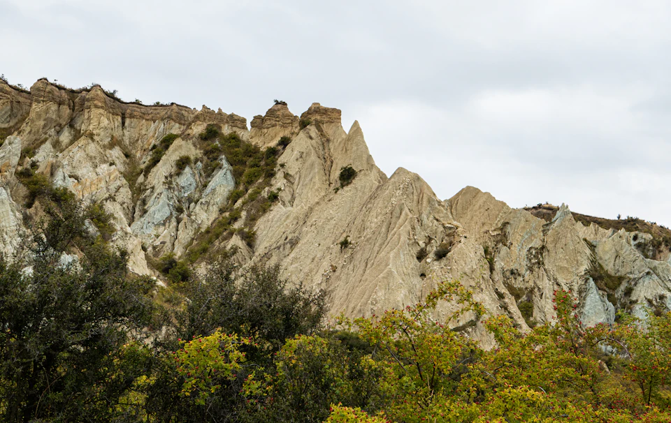 The image depicts a rugged, rocky cliff face with a variety of vegetation growing on it. The cliff is composed of large, jagged rocks and boulders that vary in size and shape, creating a sense of depth and scale. The vegetation includes trees and bushes scattered across the cliff's surface, adding color and life to the otherwise stark landscape. The sky above is overcast, casting a soft light on the scene below and enhancing the overall moodiness of the image.
