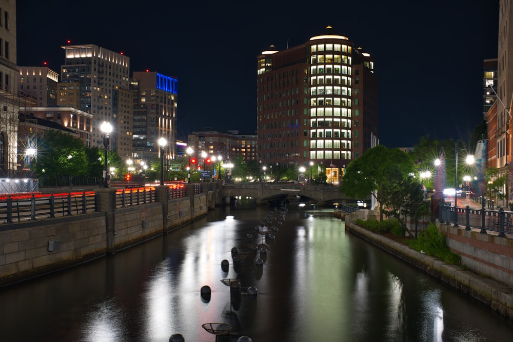 a river running through a city at night