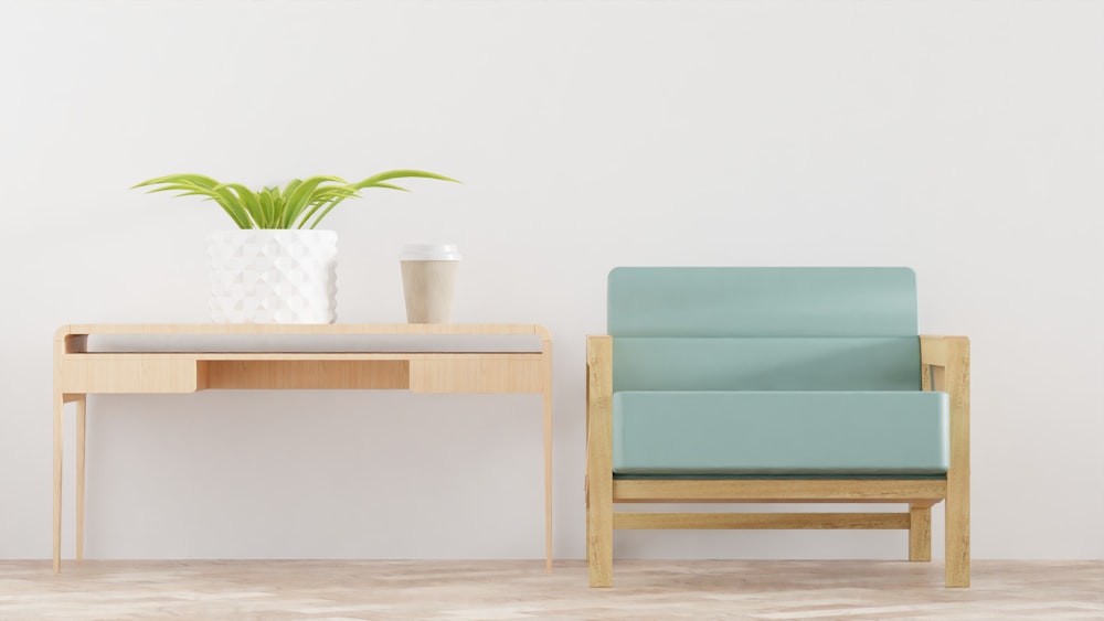 a chair and a table with a plant on it