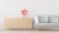 A minimalist interior features a light-colored wooden dresser with six drawers on the left side and a light grey sofa with four cushions on the right. There is a vase with red flowers placed on top of the dresser. The background wall is a plain white, and the floor has a light wooden texture.