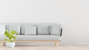 a couch with pillows and a potted plant