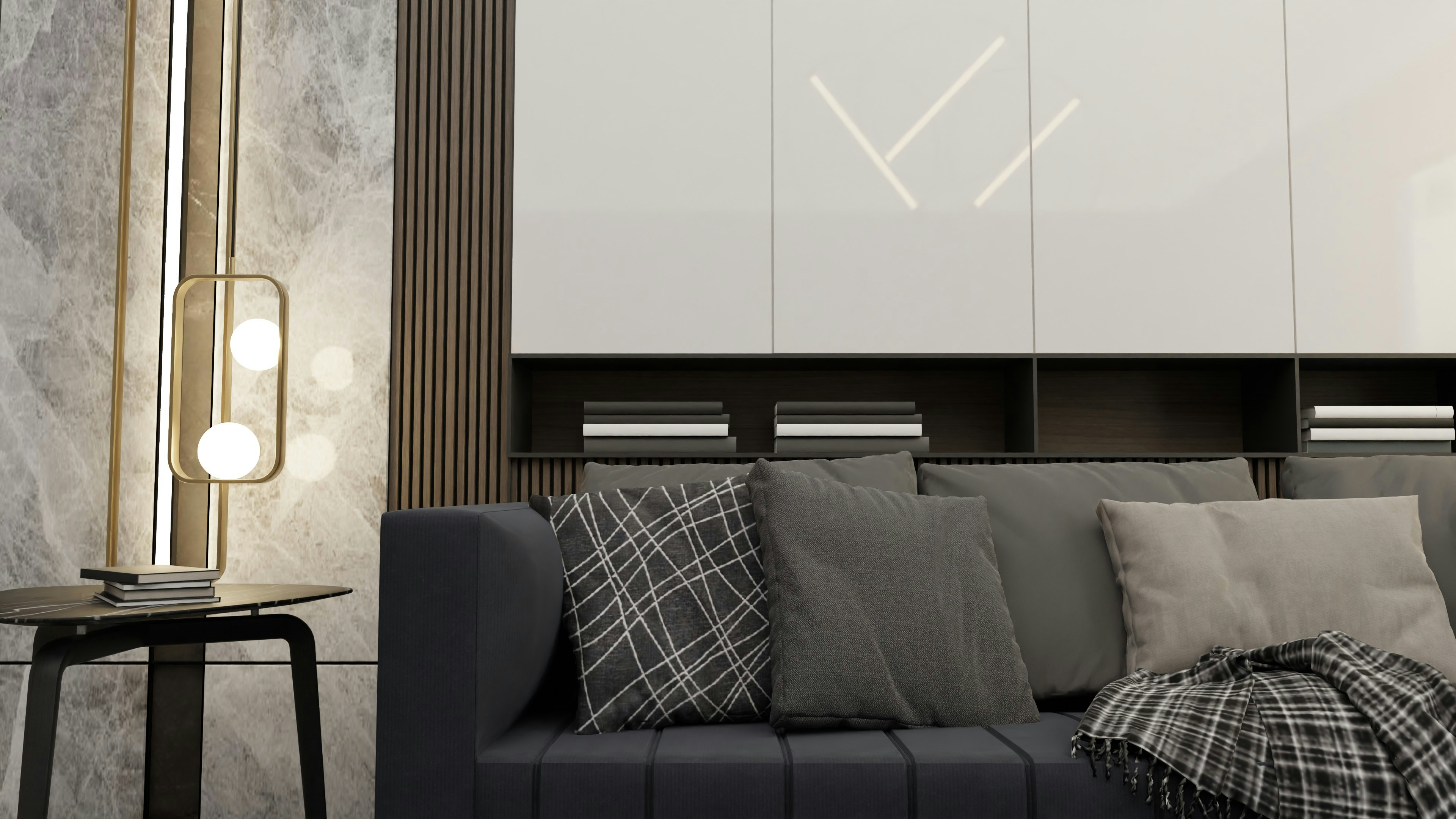 a living room with a couch and some pillows