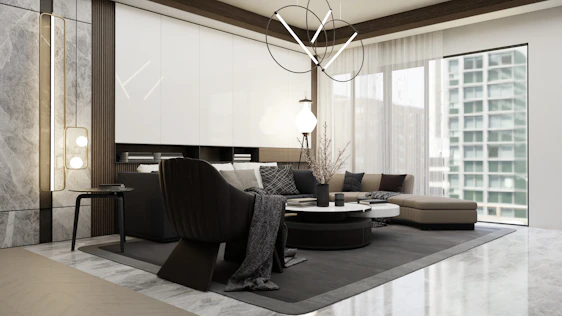 A sleek, minimalist living room featuring contemporary furniture pieces from Showcase Furnish.