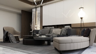 a living room filled with furniture and a lamp
