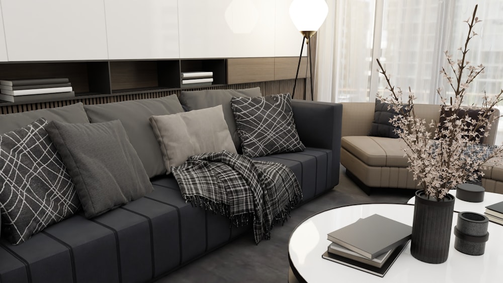 a living room filled with furniture and a white table