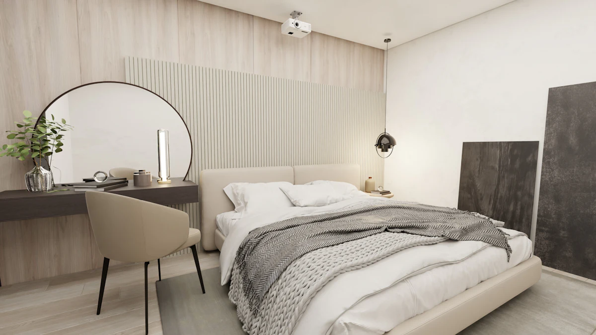 Triple room with beds, desk and mirror