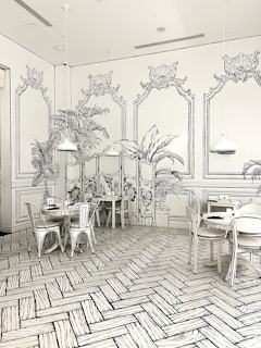 a drawing of a dining room with tables and chairs