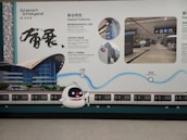 A wall advertisement in a transit area showcases station features and services. The design includes visuals of a train and station, with detailed text in both Chinese and English. A cute cartoon character is present alongside graphics illustrating key highlights.