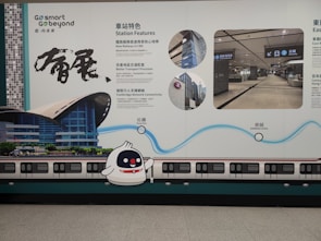 A wall advertisement in a transit area showcases station features and services. The design includes visuals of a train and station, with detailed text in both Chinese and English. A cute cartoon character is present alongside graphics illustrating key highlights.