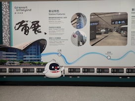 A wall advertisement in a transit area showcases station features and services. The design includes visuals of a train and station, with detailed text in both Chinese and English. A cute cartoon character is present alongside graphics illustrating key highlights.