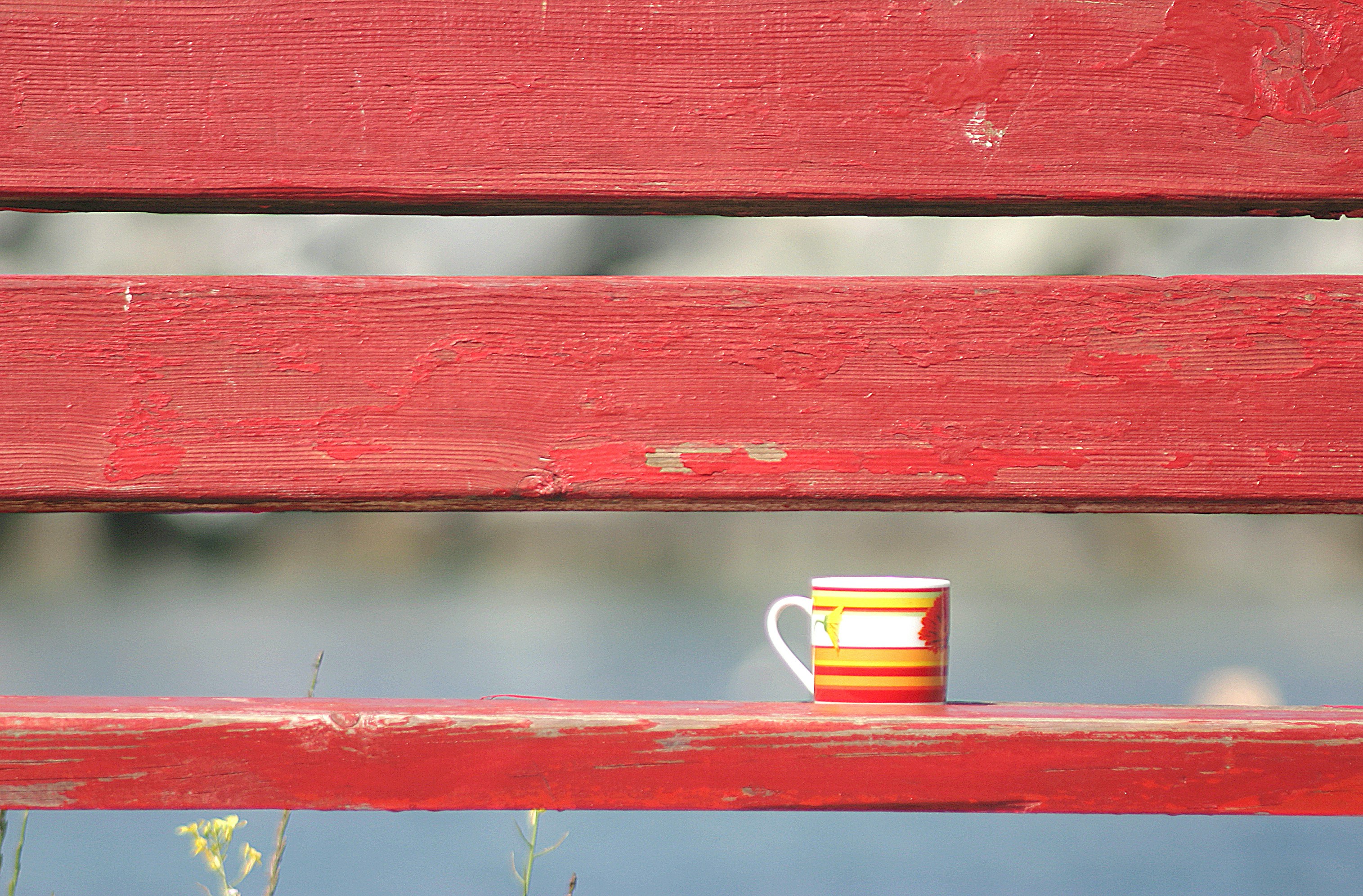 eine Tasse Kaffee auf einer roten Bank