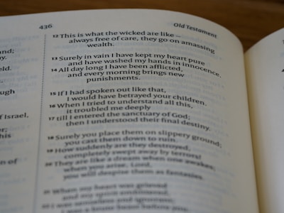 A close-up view of an open book showing text from a religious scripture, specifically from the Old Testament. The page number 436 is visible at the top. The text appears to be written in a poetic format with numbered verses and an organized layout.