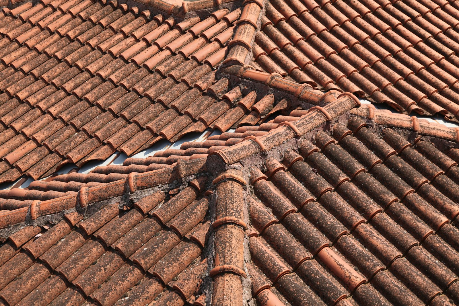 Ridge tiles along a roof apex