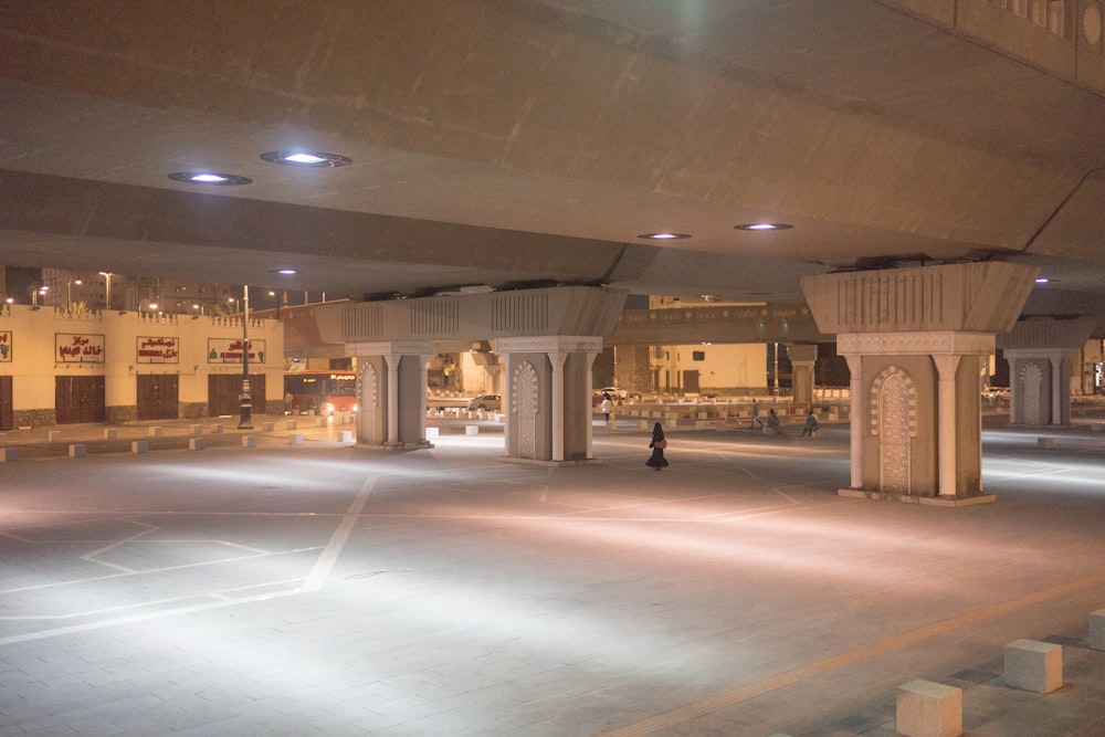 an empty parking lot in a large building