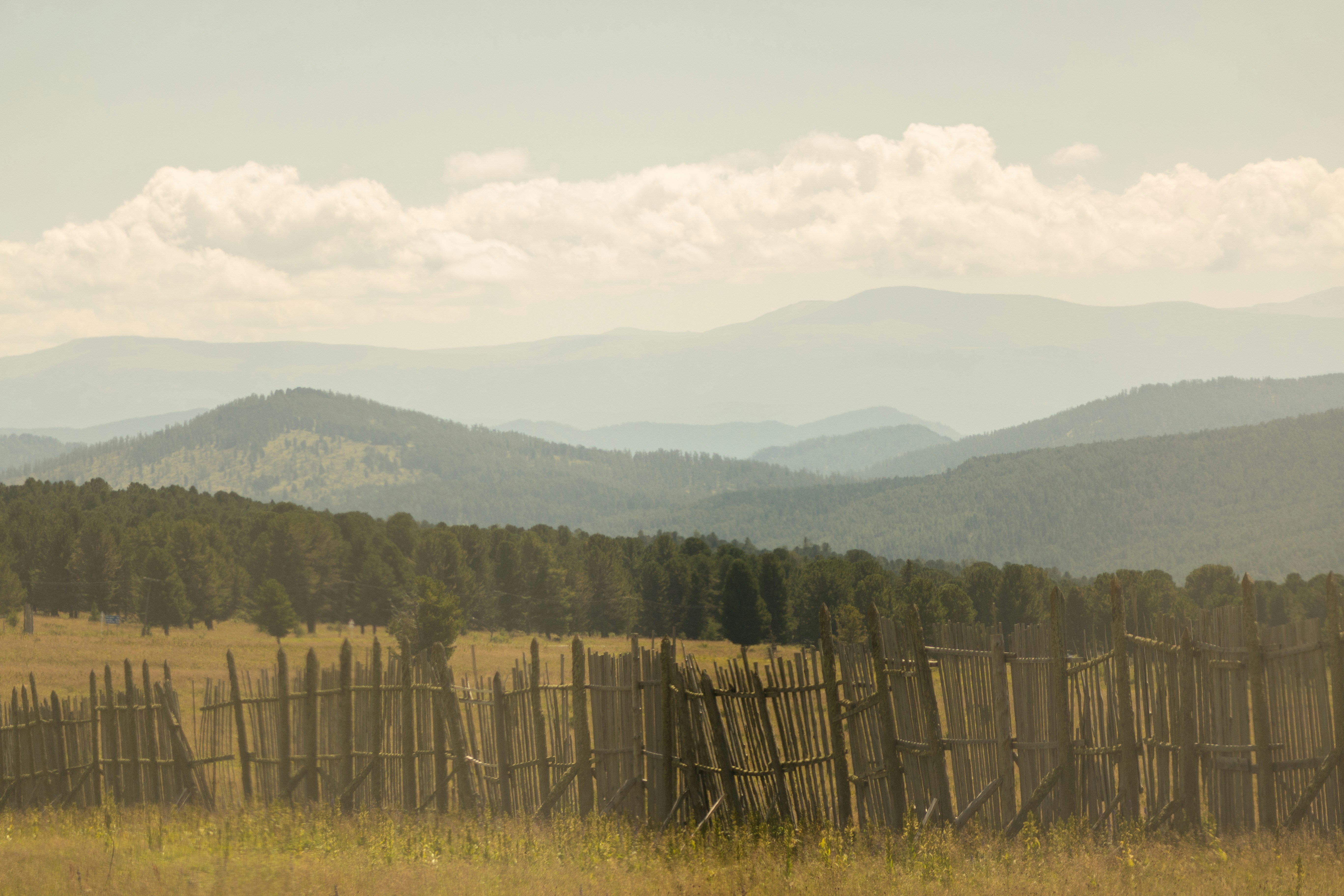 a fence in a field with mountains in the background