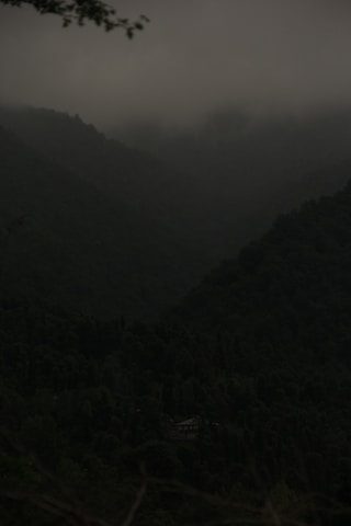 A fantasy map with misty forests and dark mountains glowing faintly under moonlight.