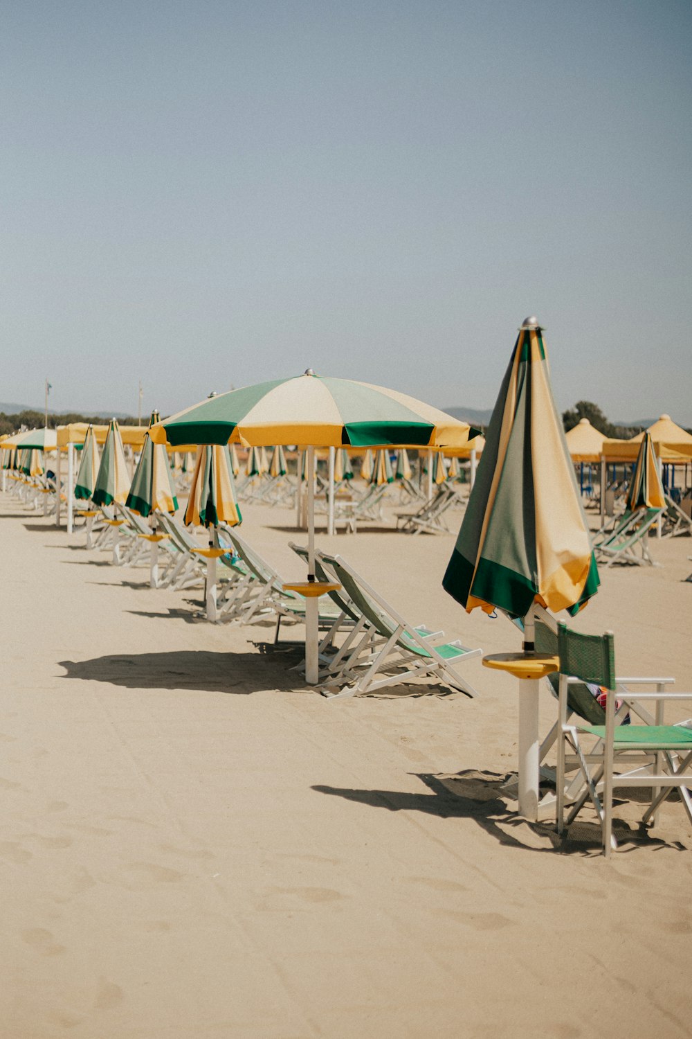 a bunch of lawn chairs and umbrellas on a beach