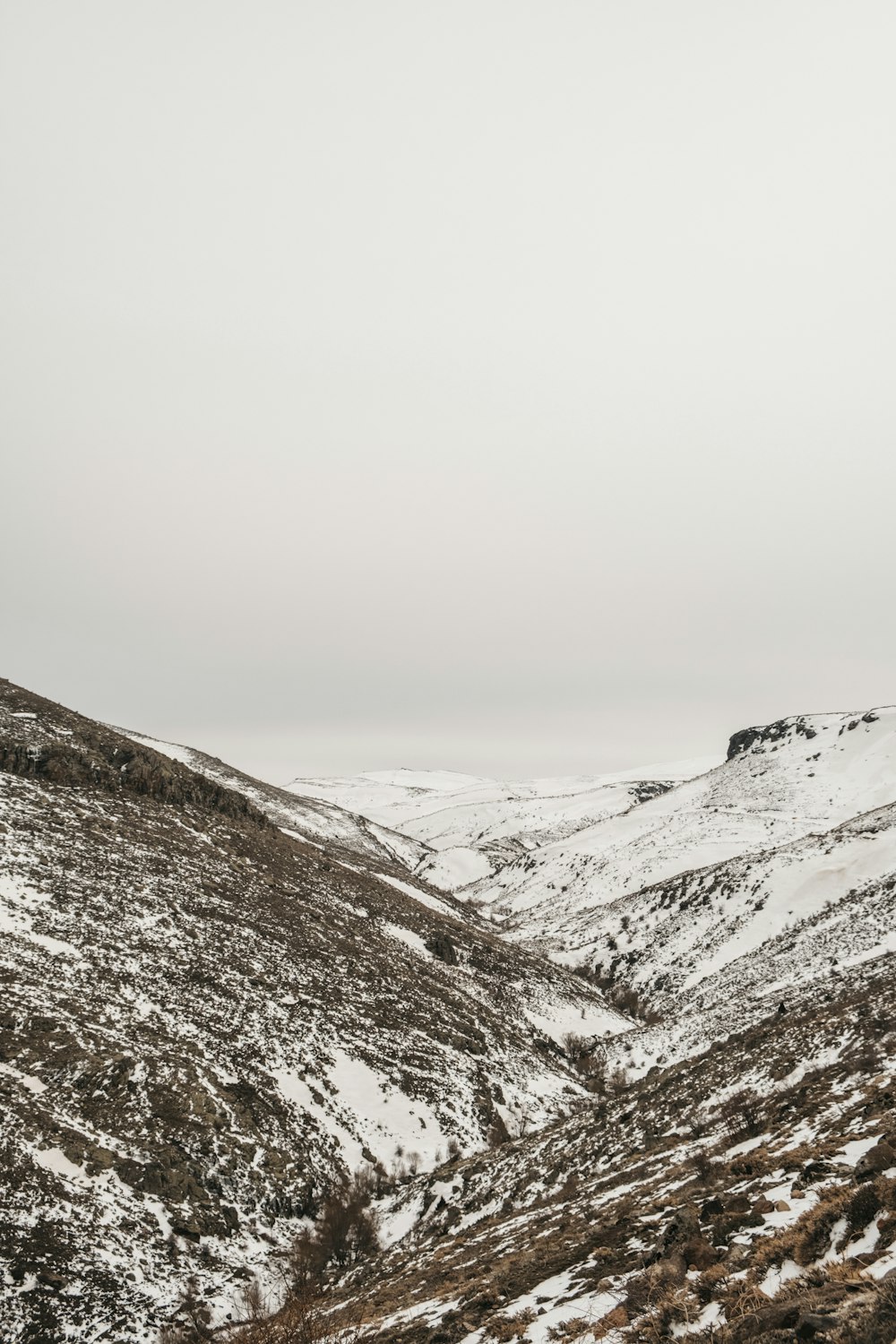 a snowy landscape with mountains in the background