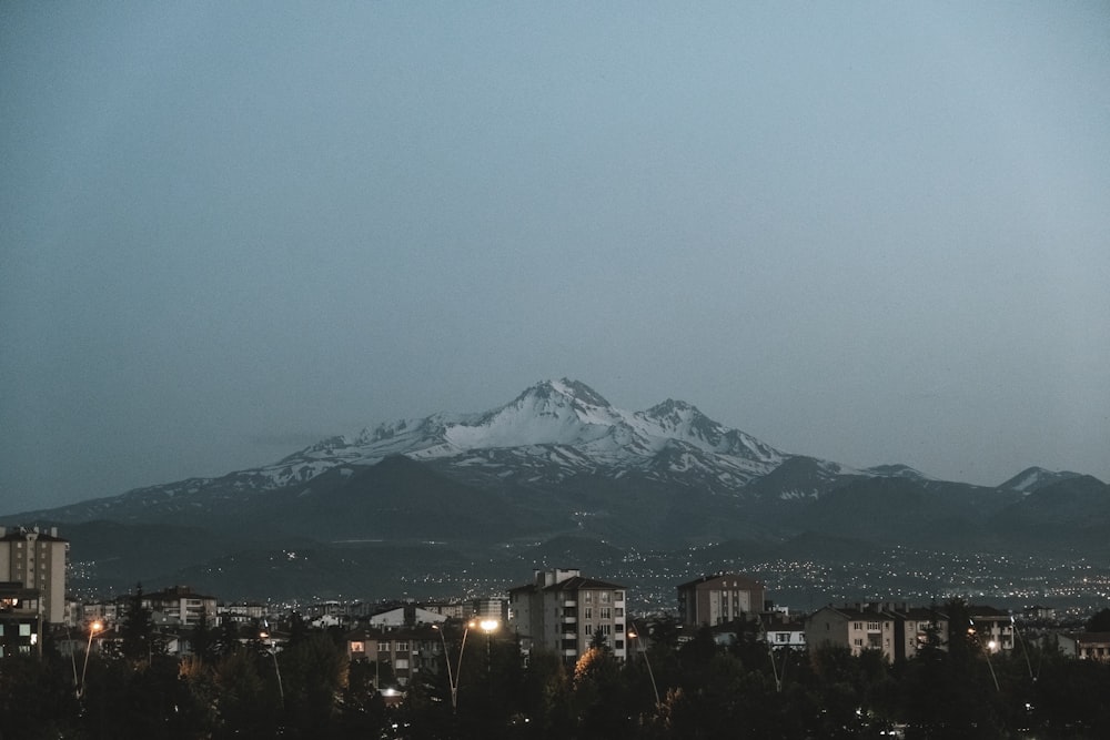 a view of a city with a mountain in the background