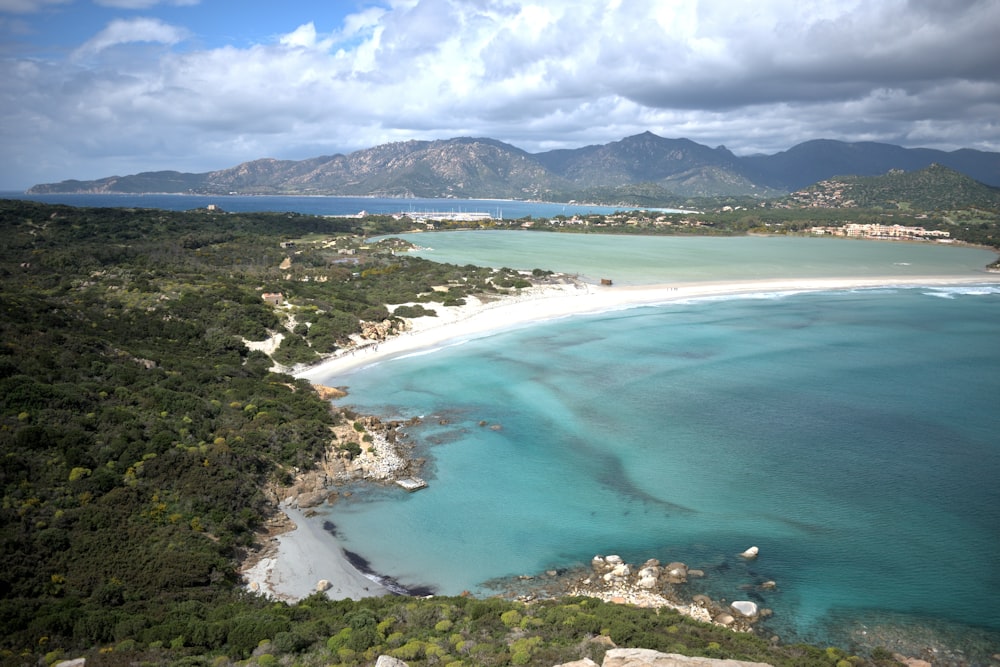 an aerial view of a beach and a lagoon