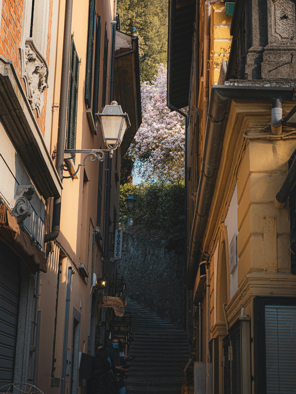 a narrow alley way with buildings and a lamp post