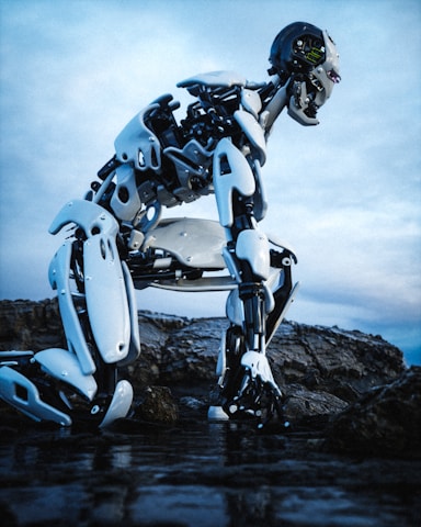 A humanoid robot with a sleek, futuristic design is kneeling on a rocky surface near a body of water. The robot's structure is composed of white and black components, showcasing exposed mechanical joints and complex circuitry. The sky above is overcast, contributing to the dramatic setting.