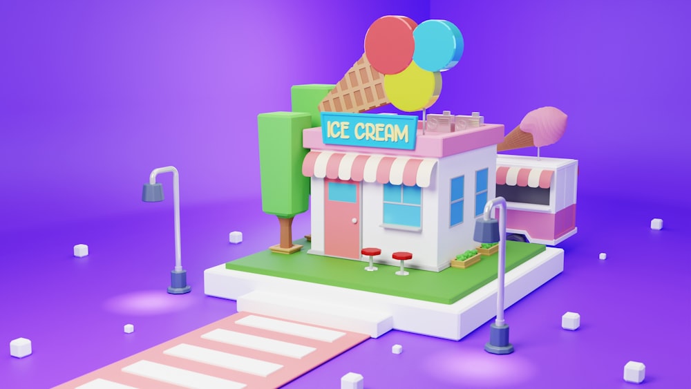 a small ice cream shop on a purple background